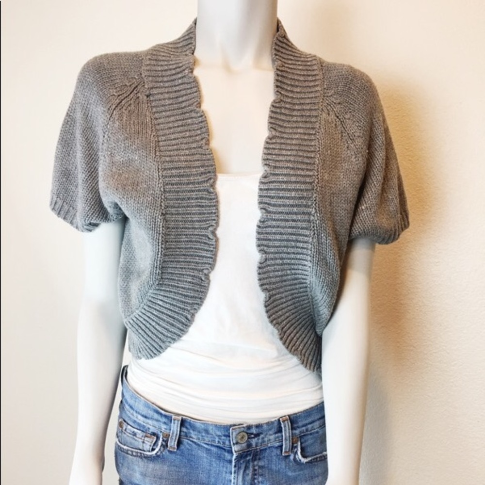H&M Shrug Cardigan Metallic Gray Scalloped Edging